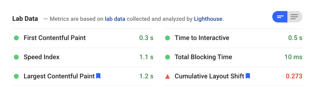 Reports about Largest Contentful Paint (LCP), First Input Delay (FID), Cumulative Layout Shift (CLS) in the Google Page Search Insight tool
