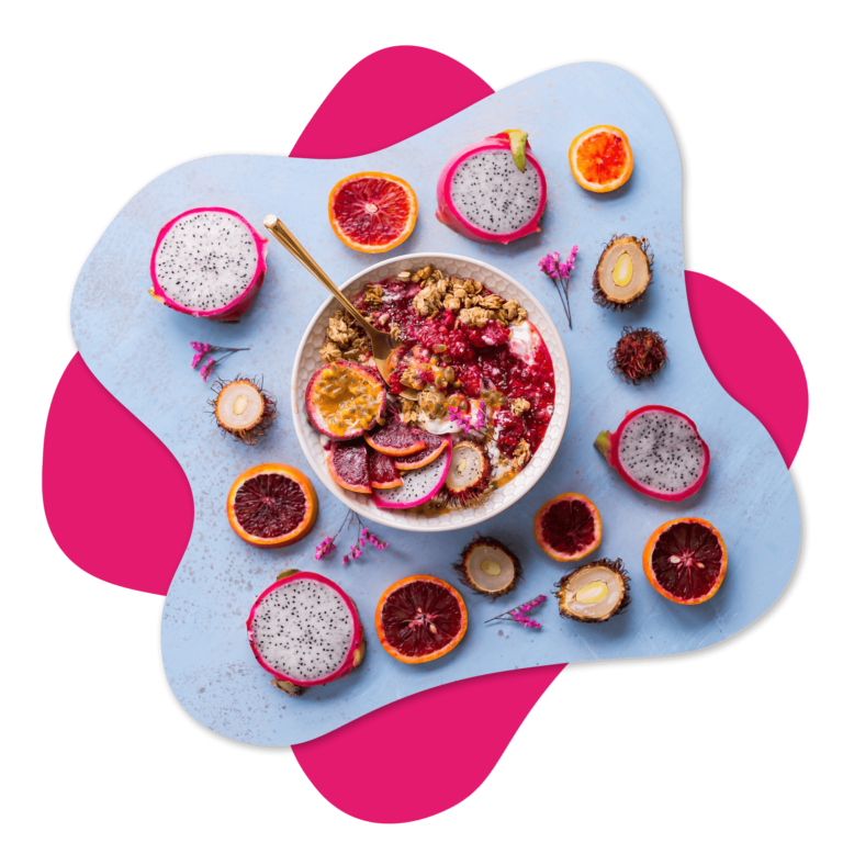 dragon fruit smoothie bowl with many ingredients
