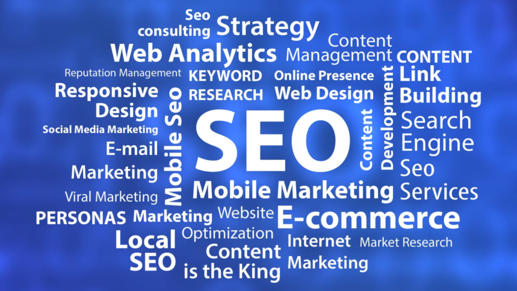 The term "SEO" is surrounded by many digital marketing terms such as content management, email marketing, and keyword research.