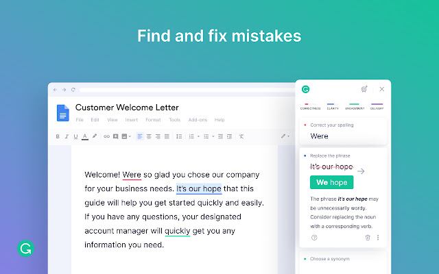screenshot of Grammarly's user interface demonstrating how this tool helps users to correct grammar errors in the content