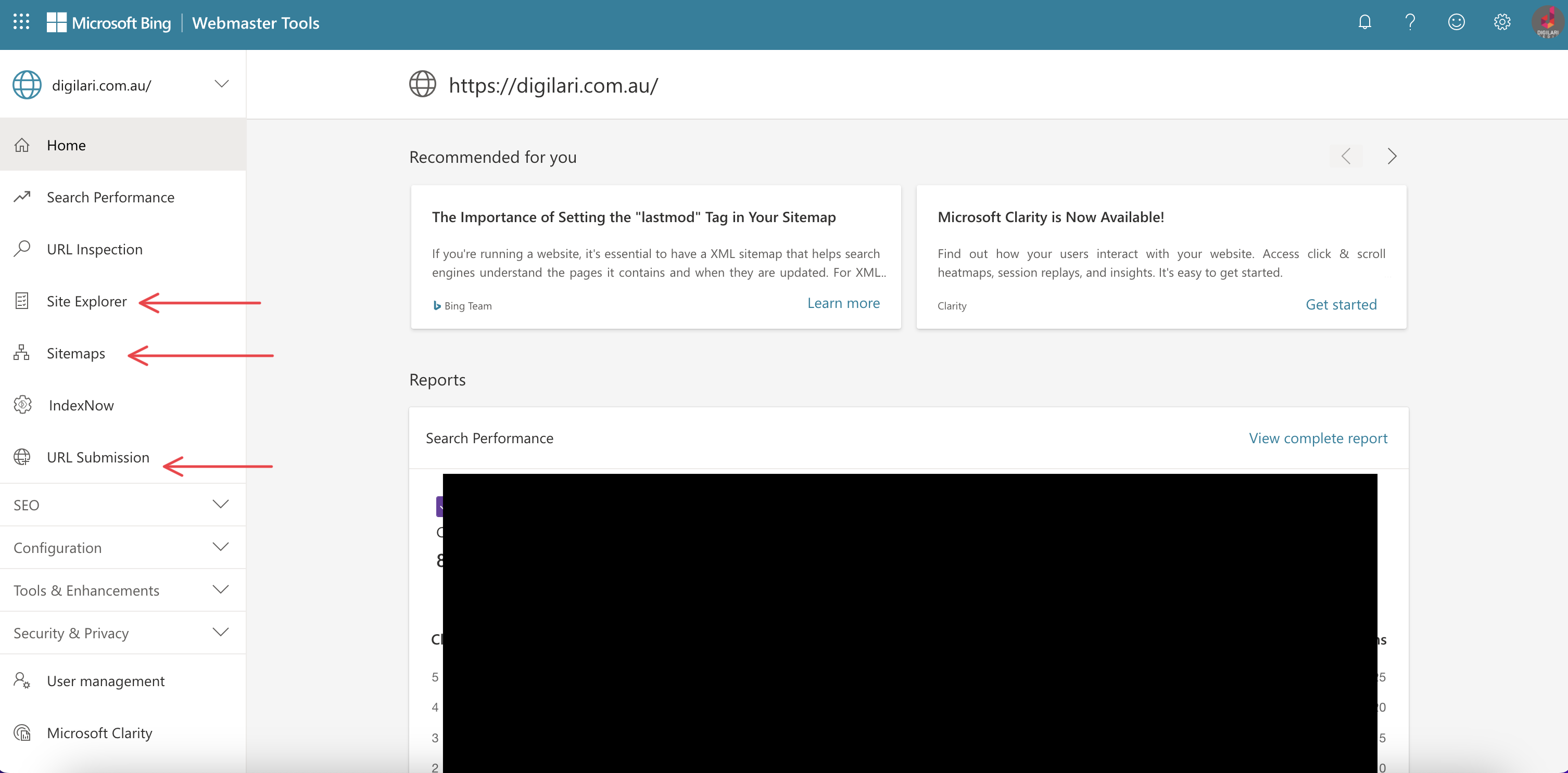 Screenshot of Bing Webmaster Tools showing site indexing status check in progress.