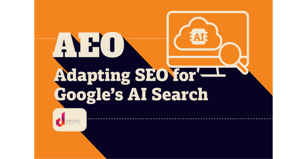 Featured image for the article 'Generative Engine Optimisation (GEO) Guide 2025', styled in Digilari Media’s branding with bold typography, an AI cloud icon, and a magnifying glass symbolising AI-powered search.
