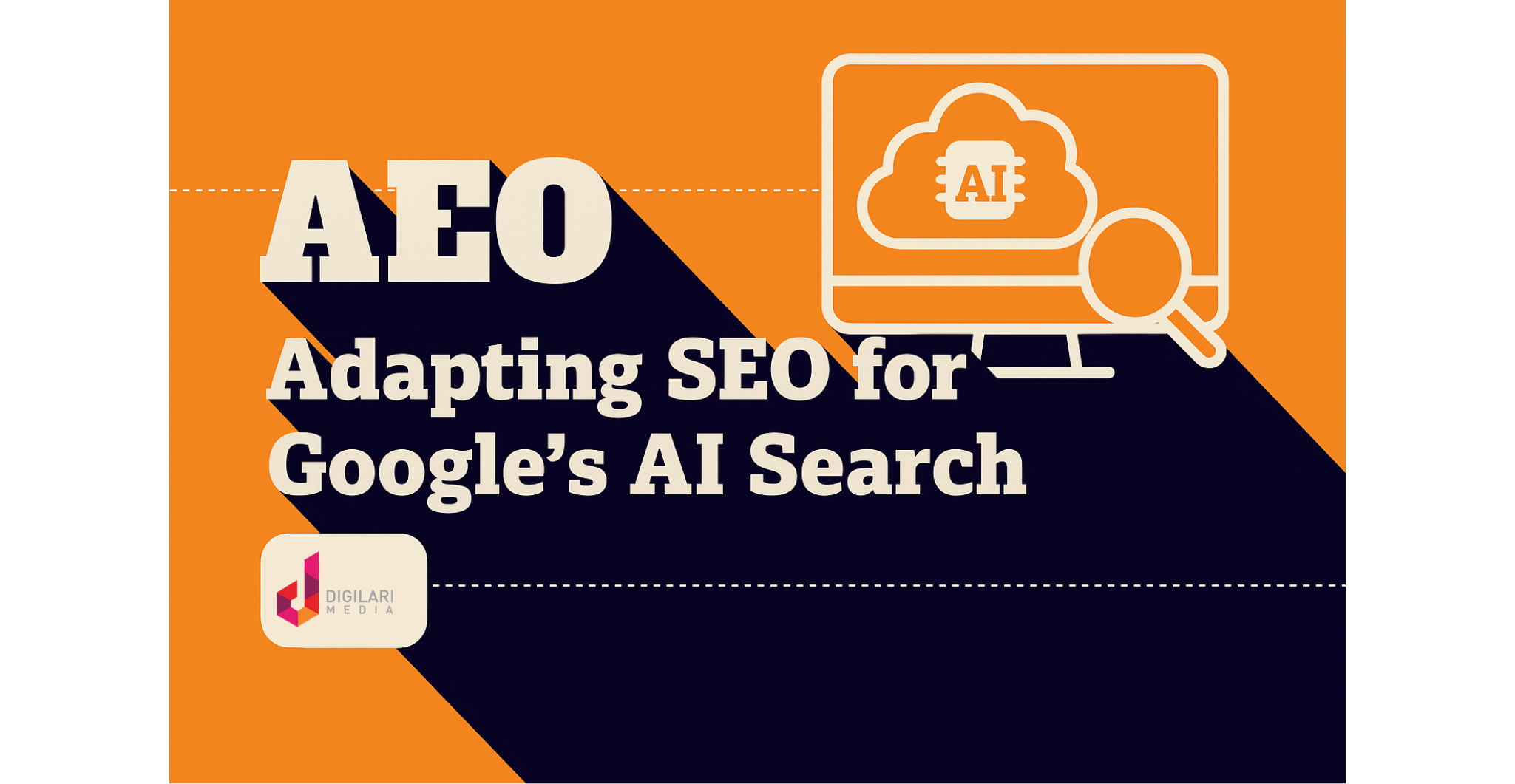 Featured image for the article 'Generative Engine Optimisation (GEO) Guide 2025', styled in Digilari Media’s branding with bold typography, an AI cloud icon, and a magnifying glass symbolising AI-powered search.