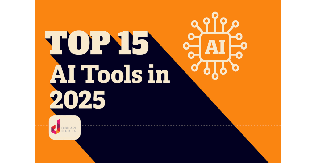 Featured image with bold text "Top 15 AI Tools in 2025" in a flat, 2D digital design.