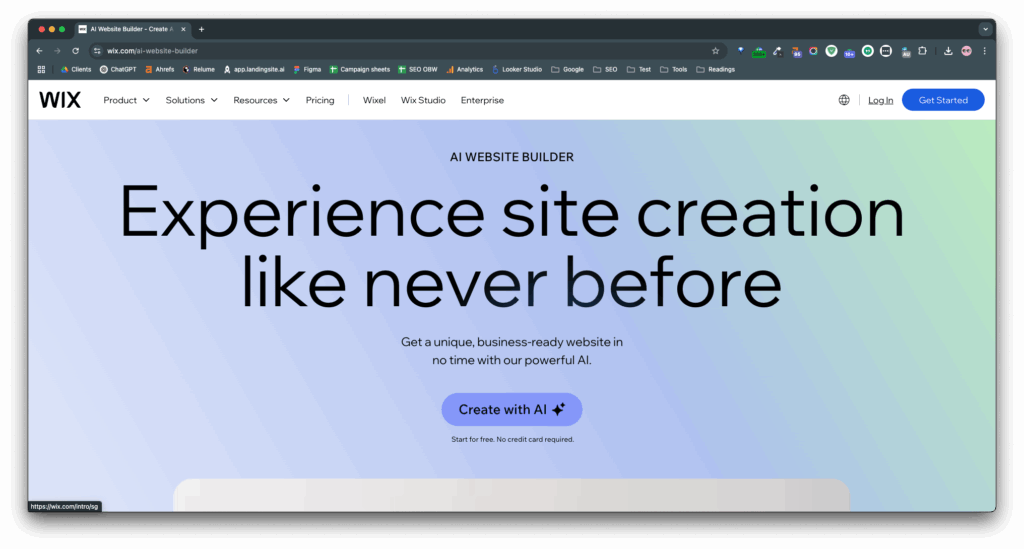Wix AI Website Builder landing page promoting conversational website creation, featured as the best all-round AI site builder for business use.