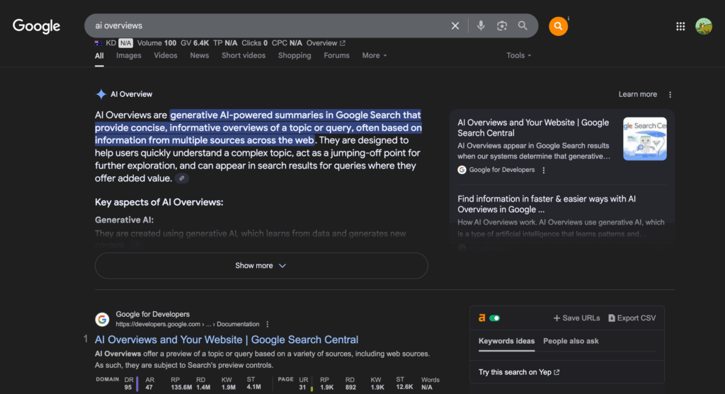 Screenshot of Google’s AI Overview explaining that it provides generative AI-powered summaries using information from multiple sources across the web.