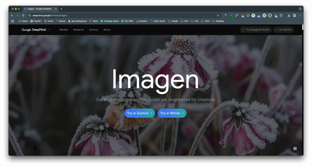 Google DeepMind’s homepage for Imagen 3, an advanced image generation model ranked as the top free AI image tool for speed and quality.