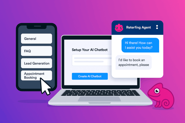 Flat-style digital illustration of a person building an AI chatbot on a laptop, with abstract interface elements and automation icons surrounding the screen.