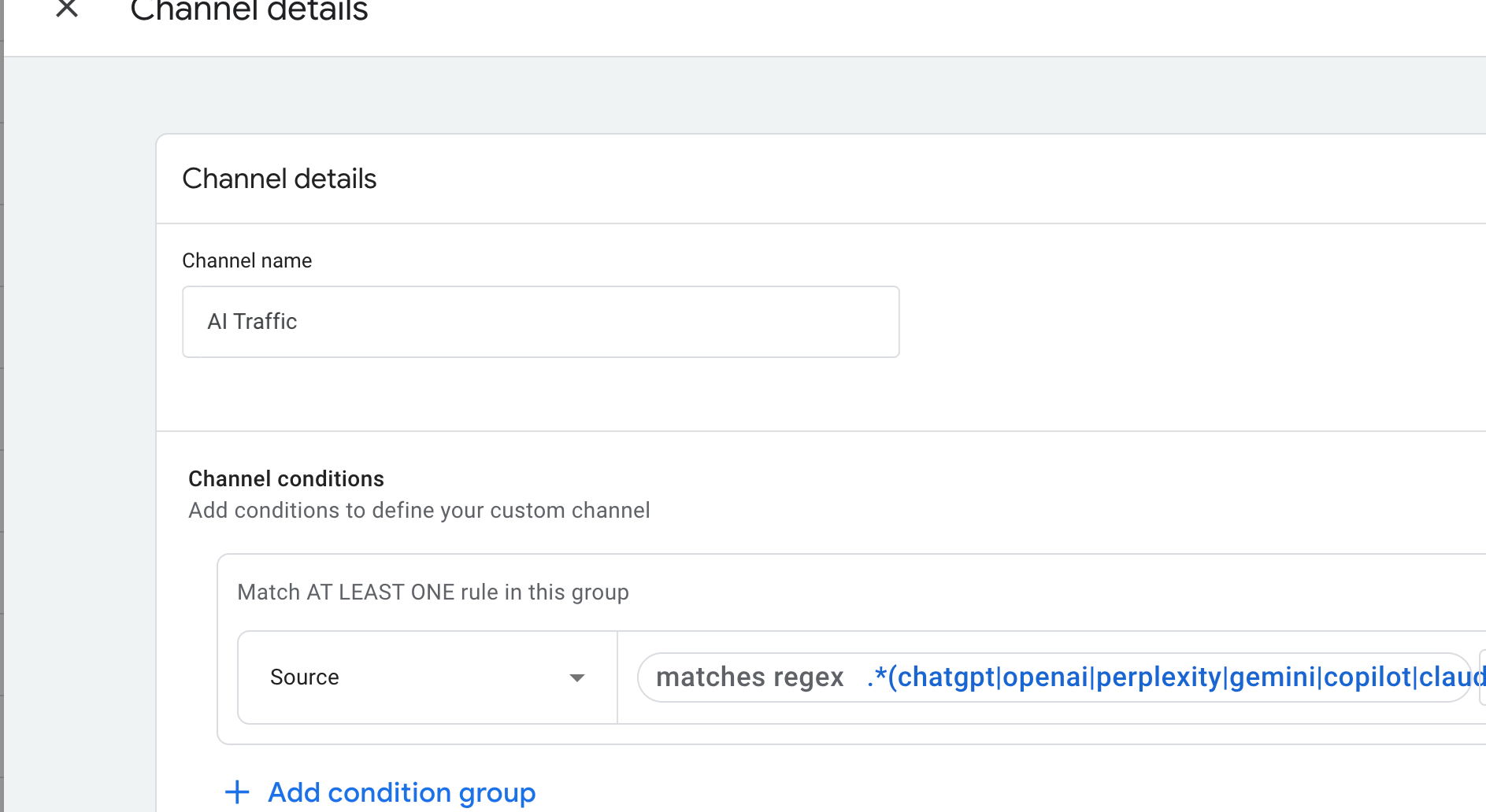 Google Analytics 4 custom channel setup for tracking AI traffic using regex filter conditions to include sources like ChatGPT, Perplexity, Gemini, and Copilot.